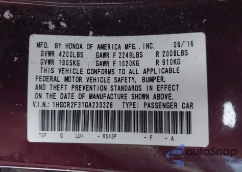 2016 Honda Accord Lx z USA, uszkodzony, nr VIN 1HGCR2F31GA230328